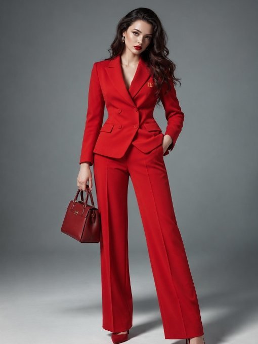 A woman in a red double-breasted DK Luxora blazer and matching trousers, carrying a burgundy handbag