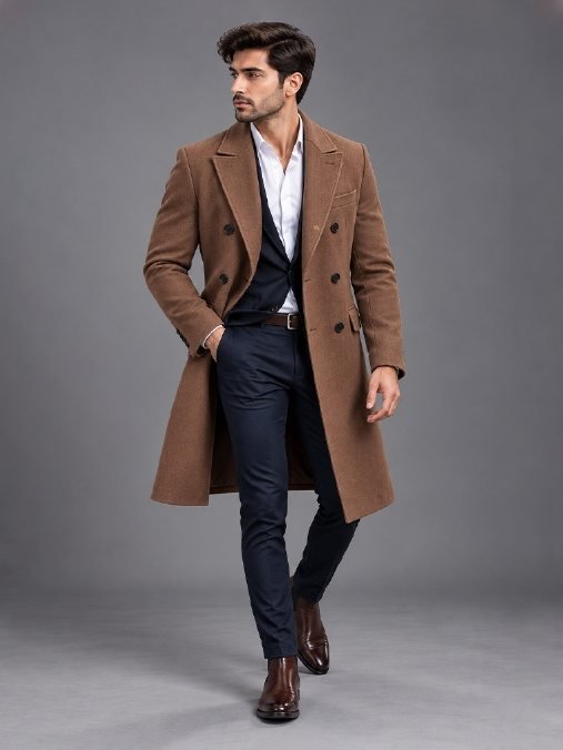A man in a long brown wool DK Luxora overcoat over a navy suit
